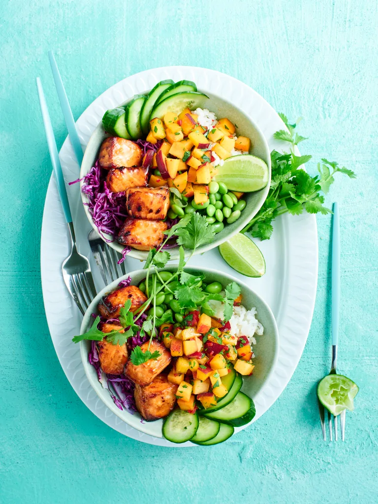 sticky salmon poke bowls with peach salsa