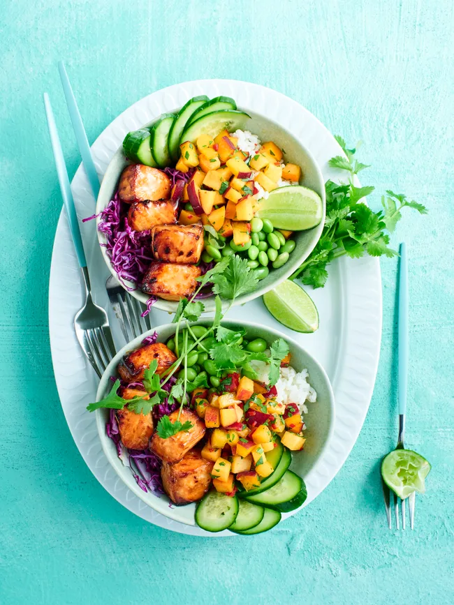 sticky salmon poke bowls with peach salsa