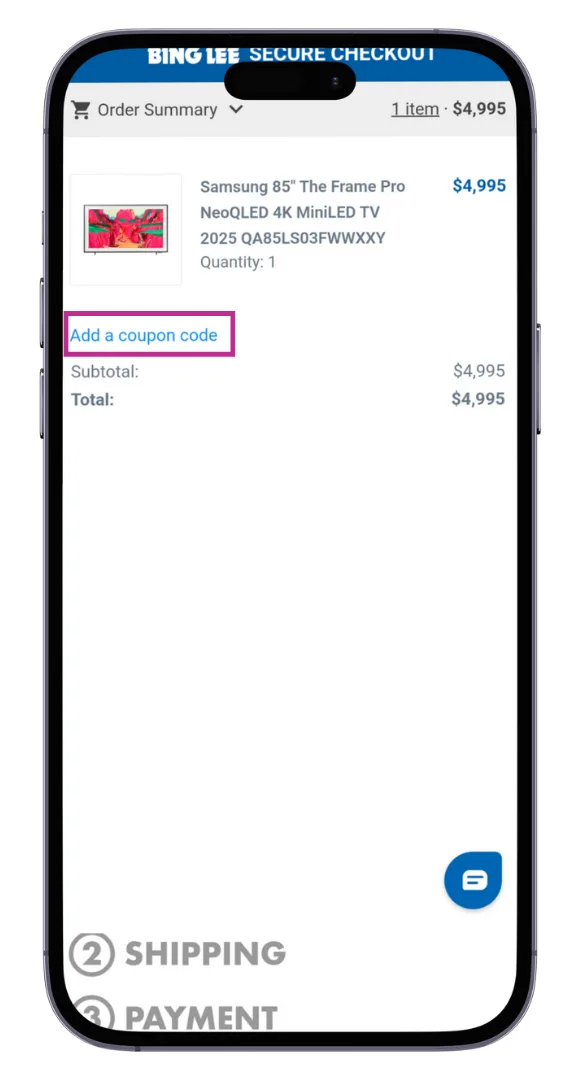 The Bing Lee discount code field has a link in the order summary at checkout.