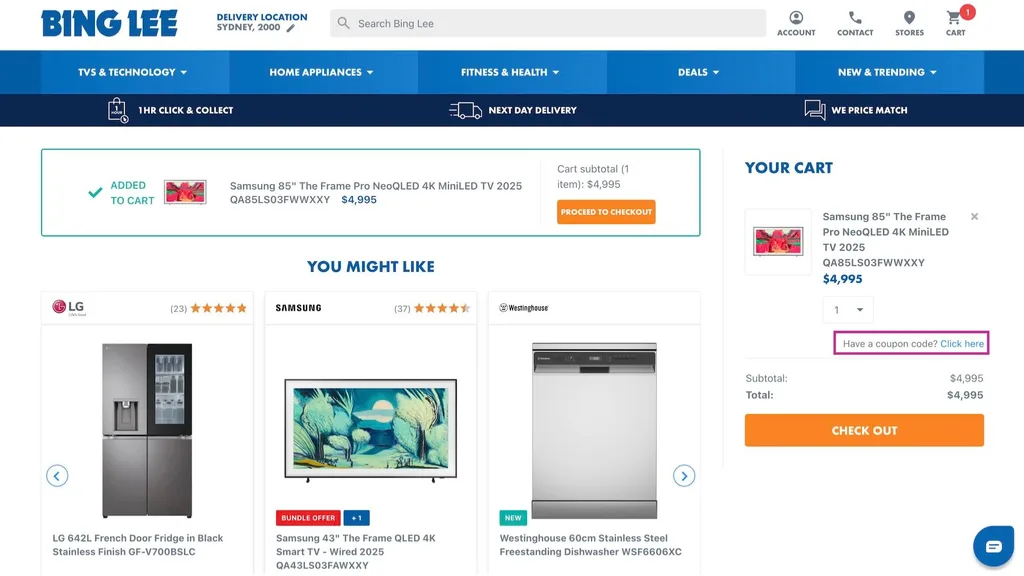 The Bing Lee discount code field on desktop can also be opened from the cart summary before heading to checkout.