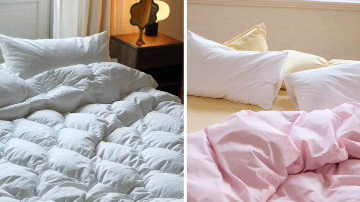 A split image showing Bonny bedding. On the left, a white quilted doona on a bed. On the right, soft pink and yellow quilt covers and white pillows.