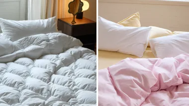 A split image showing Bonny bedding. On the left, a white quilted doona on a bed. On the right, soft pink and yellow quilt covers and white pillows.