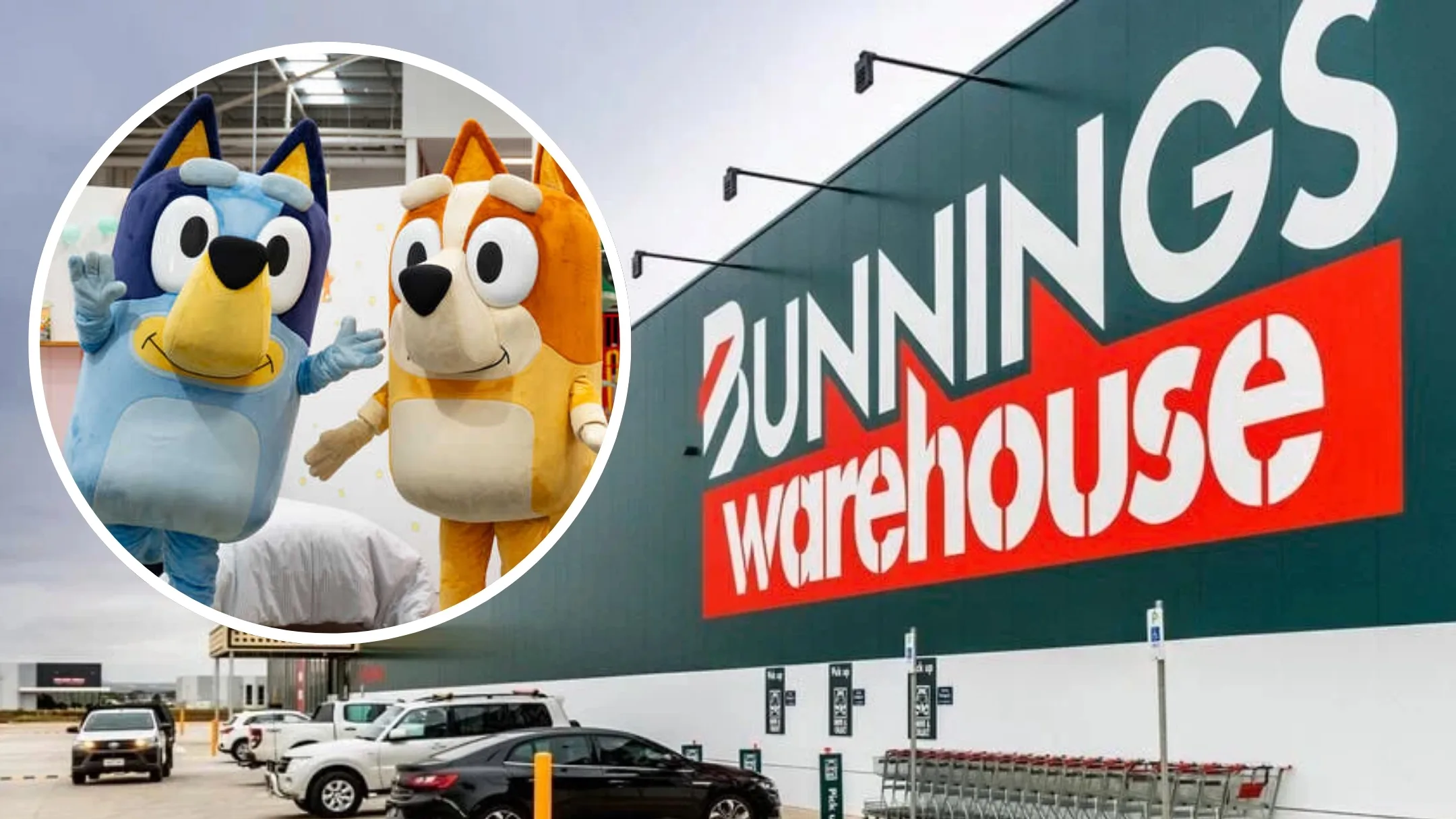 Bunnings Warehouse exterior with a shot of Bluey and Bingo mascots inset