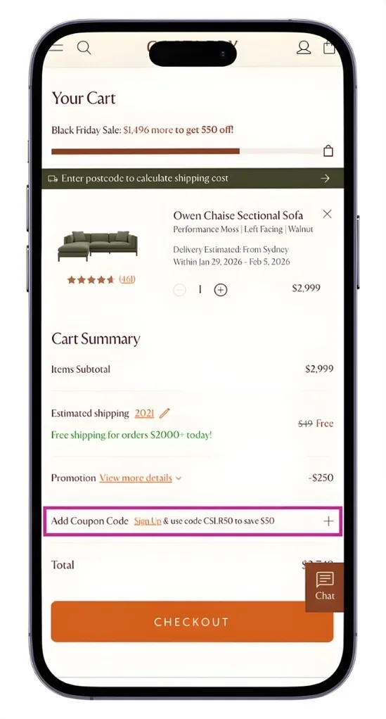 The Castlery discount code field can be viewed by clicking "Add Coupon Code" during checkout.