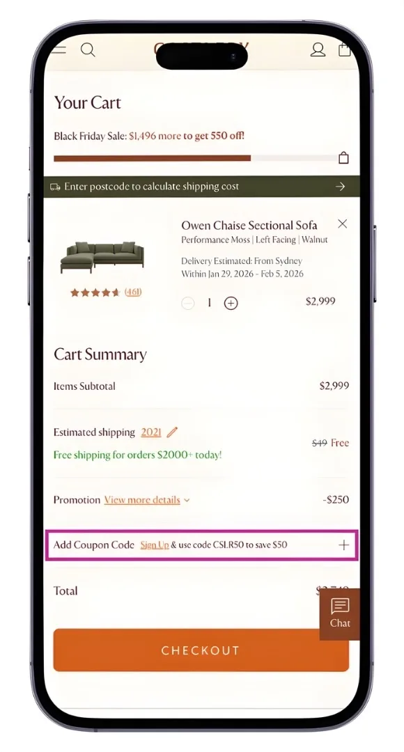 The Castlery discount code field can be viewed by clicking "Add Coupon Code" during checkout.