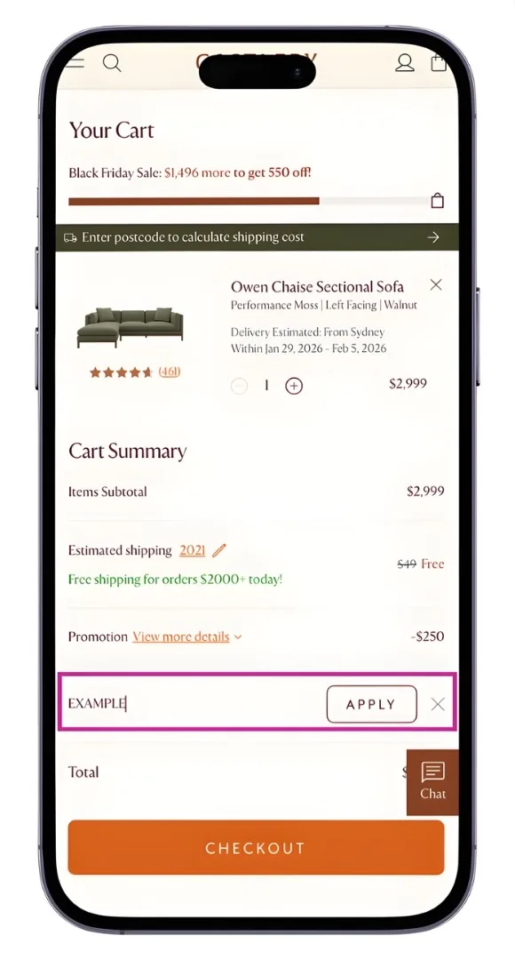 The Castlery discount code field at the checkout.