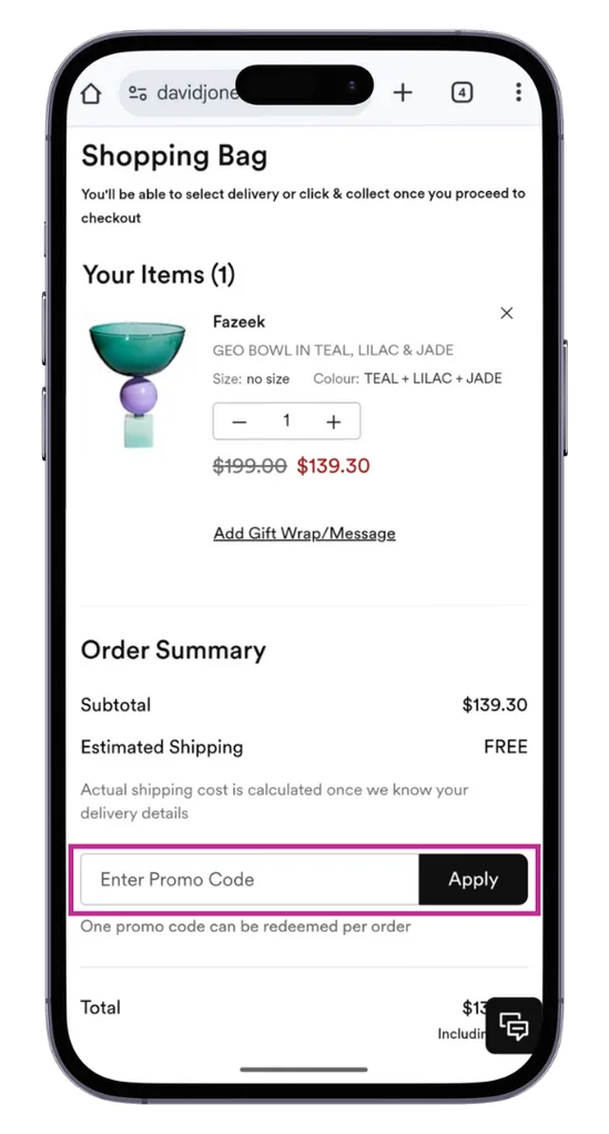The David Jones promo code field at the checkout