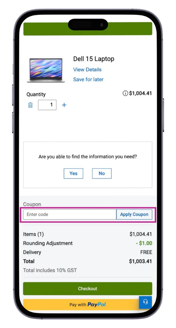 The Dell discount code field at the checkout.