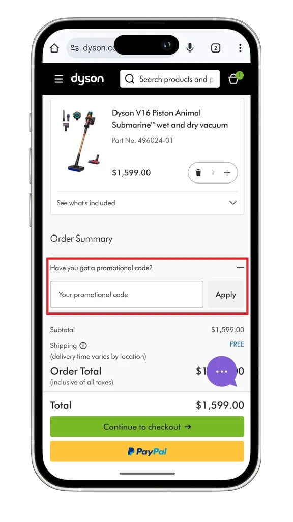The Dyson discount code field at checkout on a mobile phone