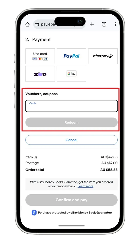 eBay discount code field at checkout on mobile