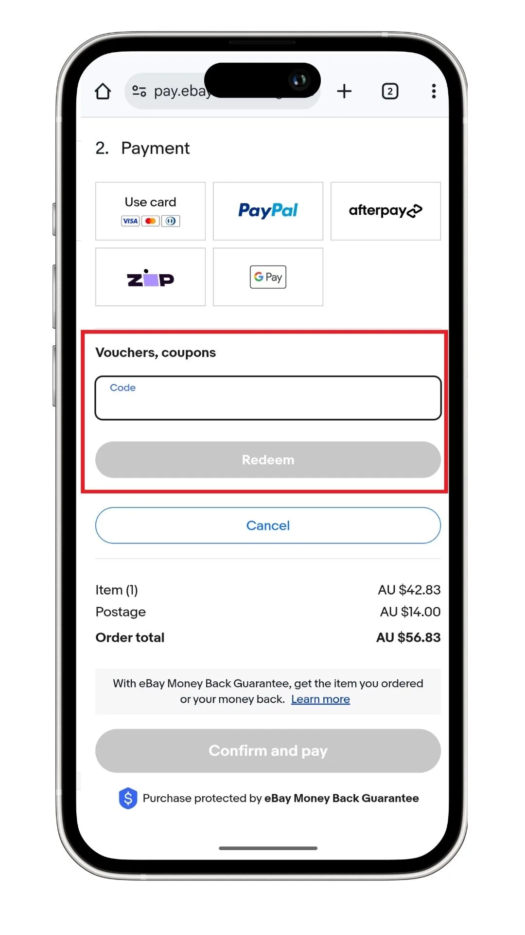 eBay discount code field at checkout on mobile