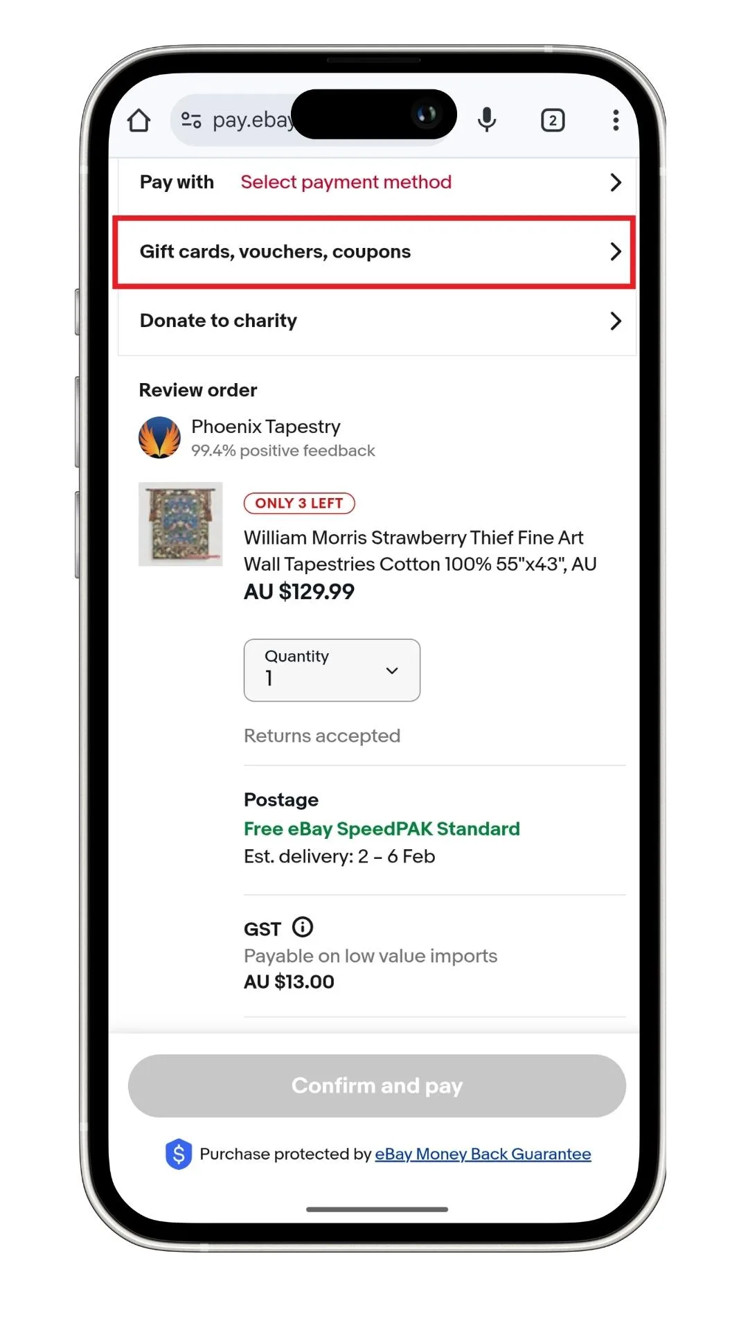 eBay discount code field logged in