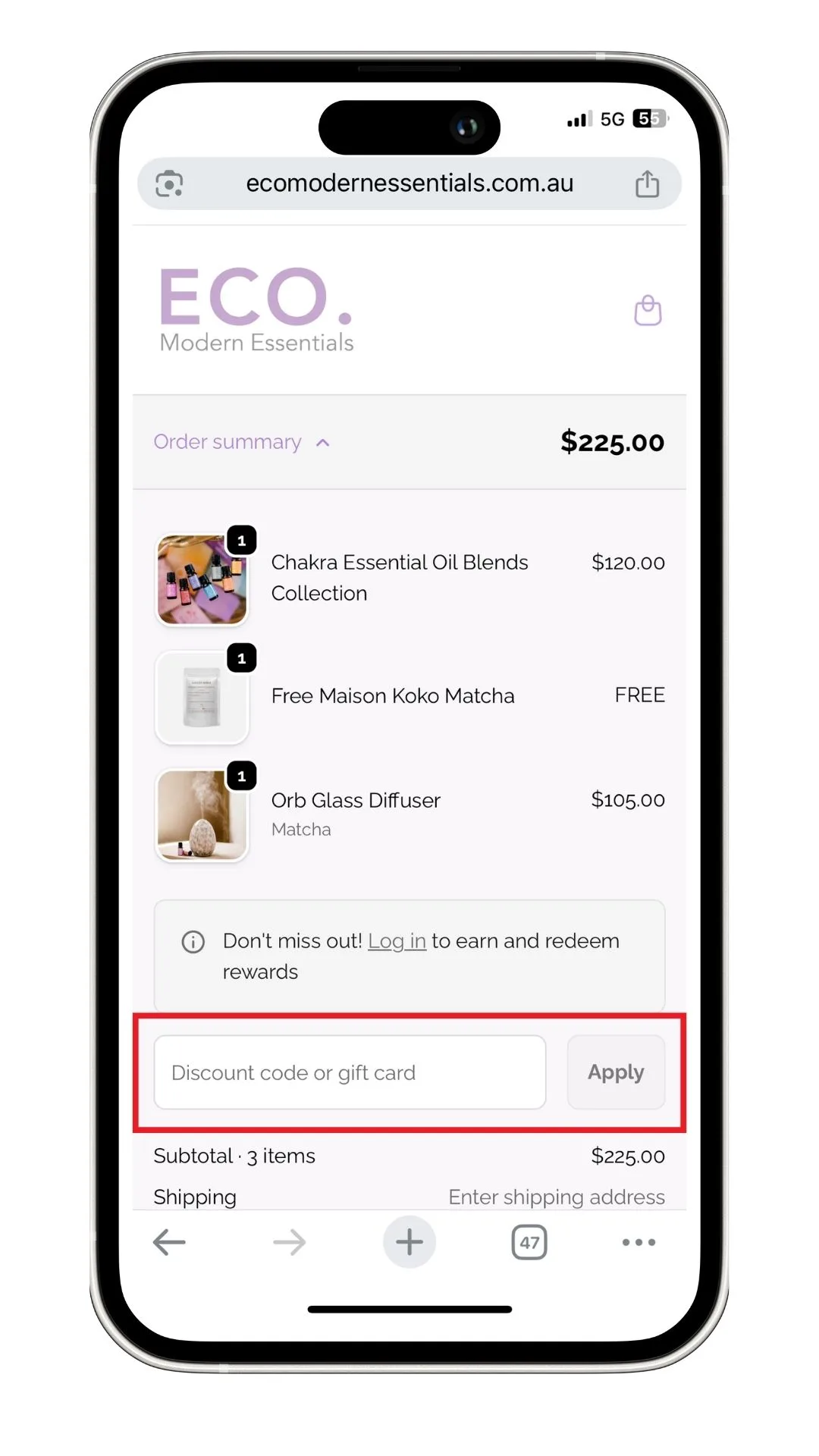 A screenshot of where to apply your ECO modern essentials discount code at checkout.