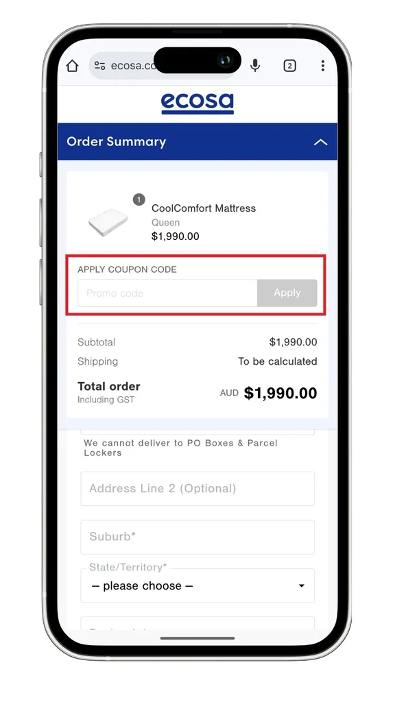 The Ecosa discount code field at the checkout