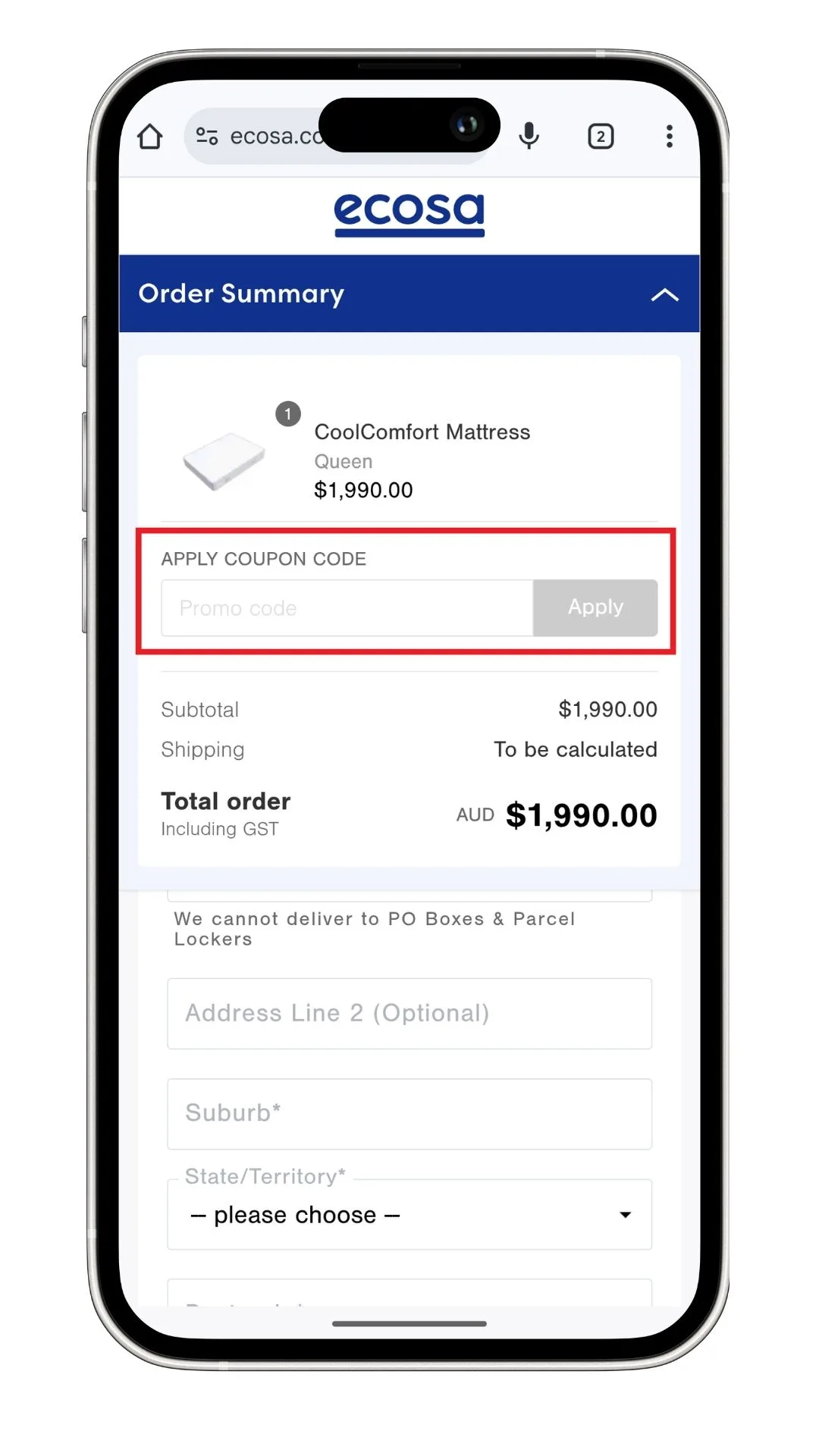The Ecosa discount code field at the checkout