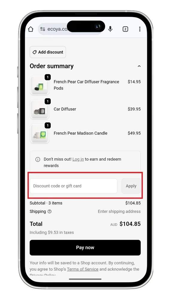 The Ecoya discount code field at checkout on mobile