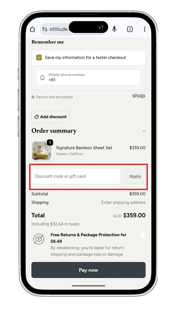 The Ettitude discount code field at checkout
