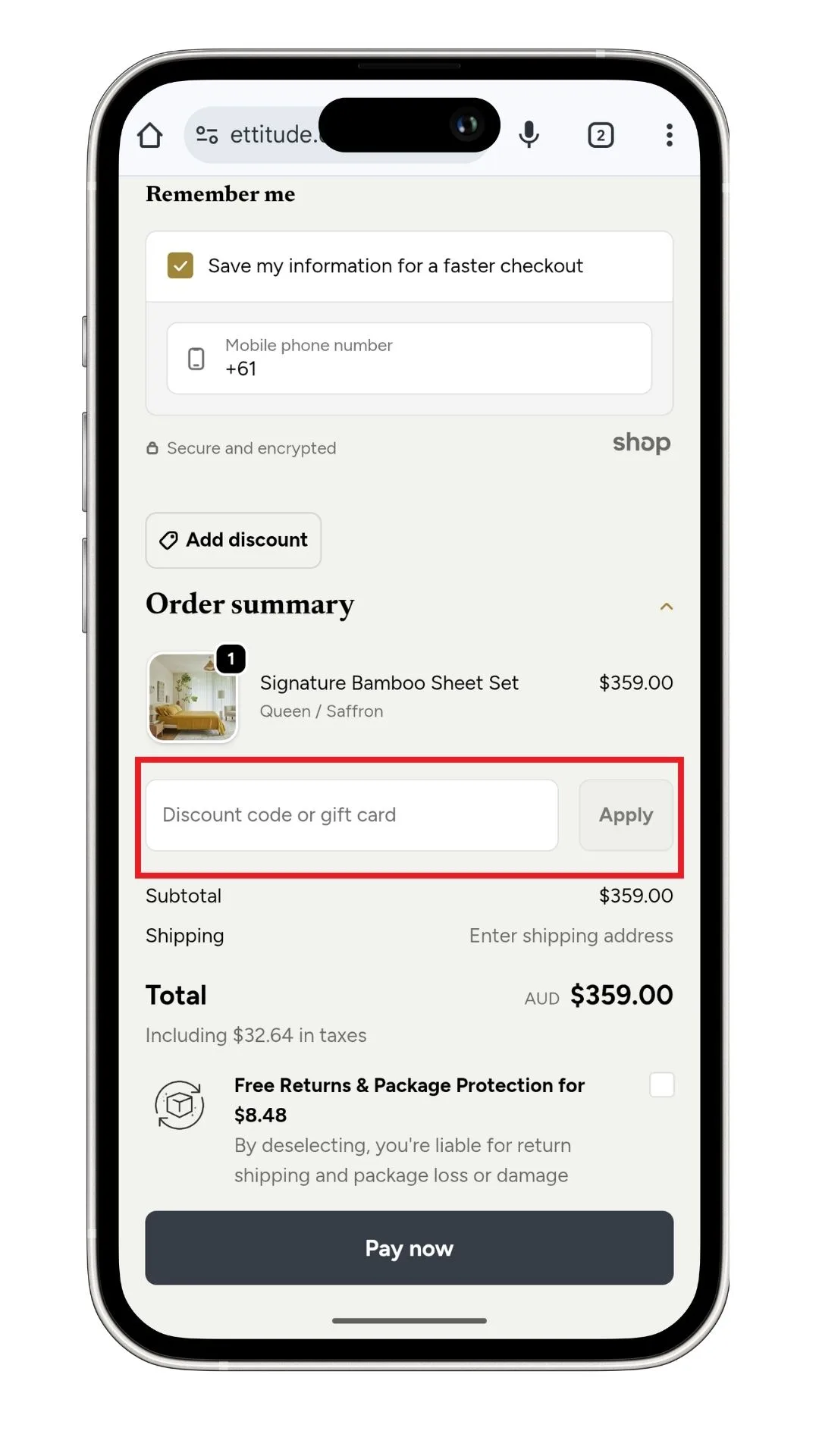 The Ettitude discount code field at checkout
