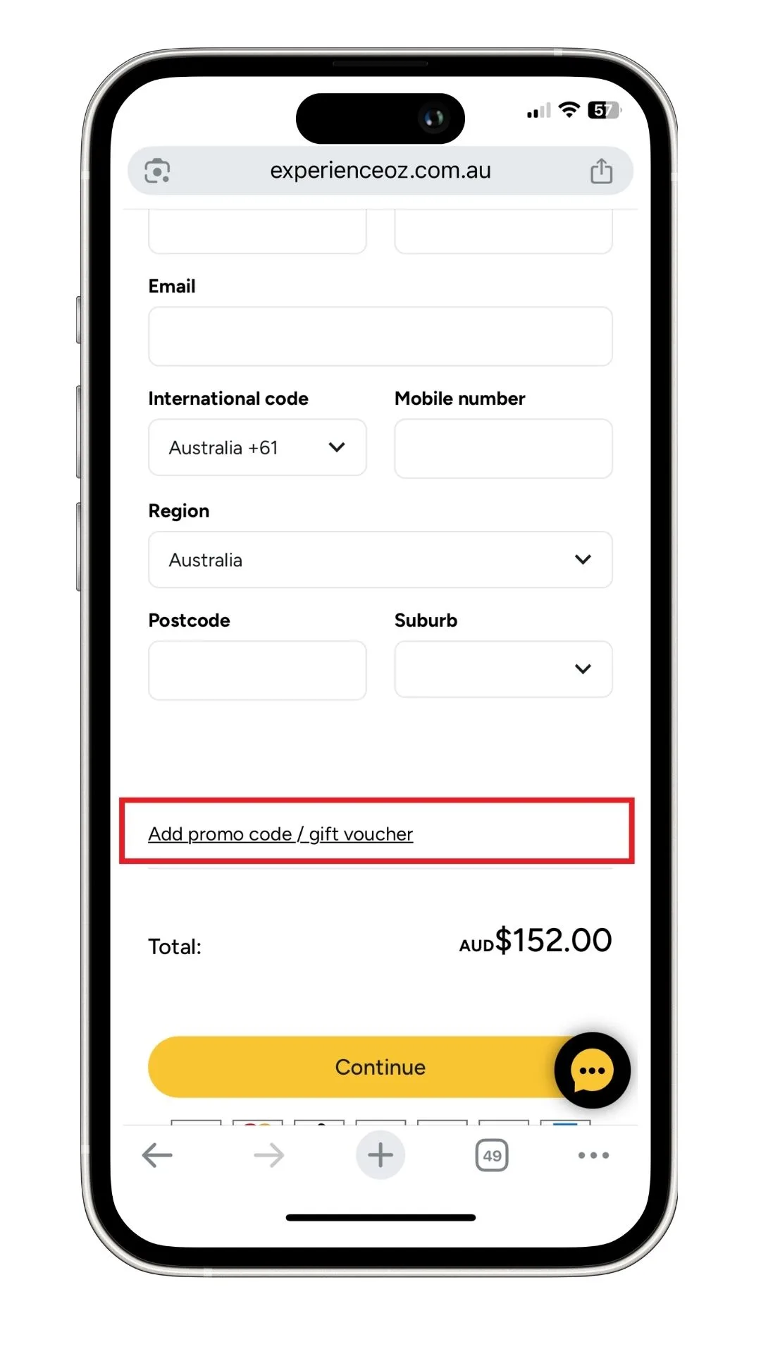 A screenshot of where to add your Experience Oz promo code at checkout on mobile.