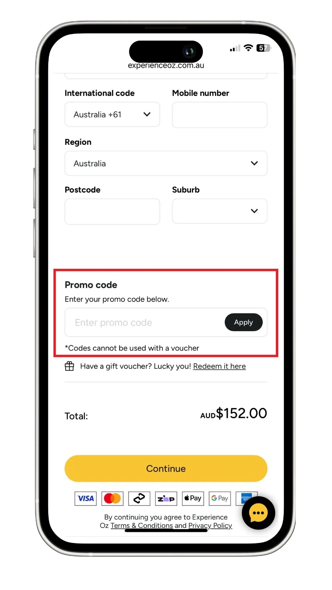 A screenshot of the Experience Oz promo code field on mobile.