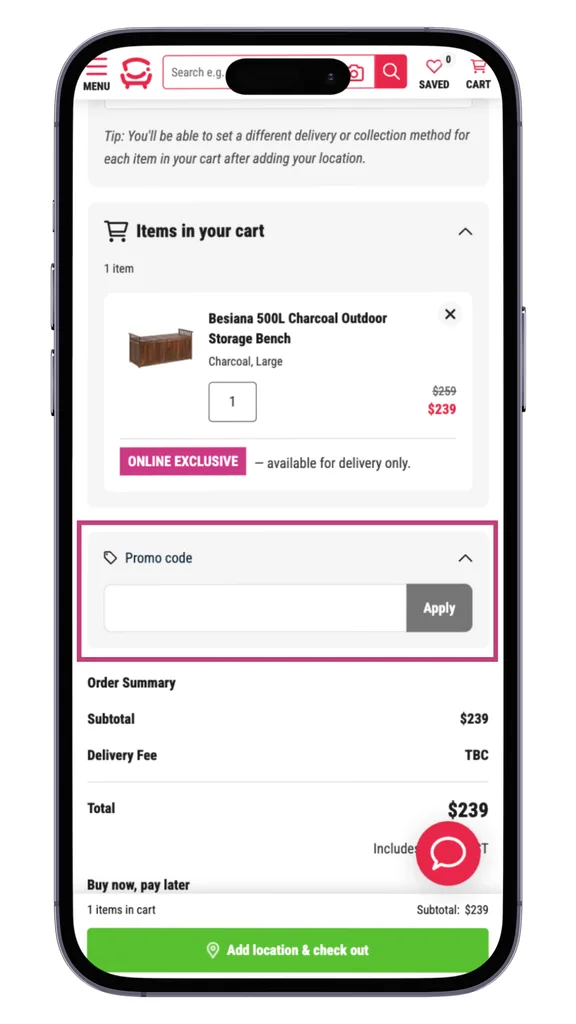 The Fantastic Furniture discount code field at checkout on mobile