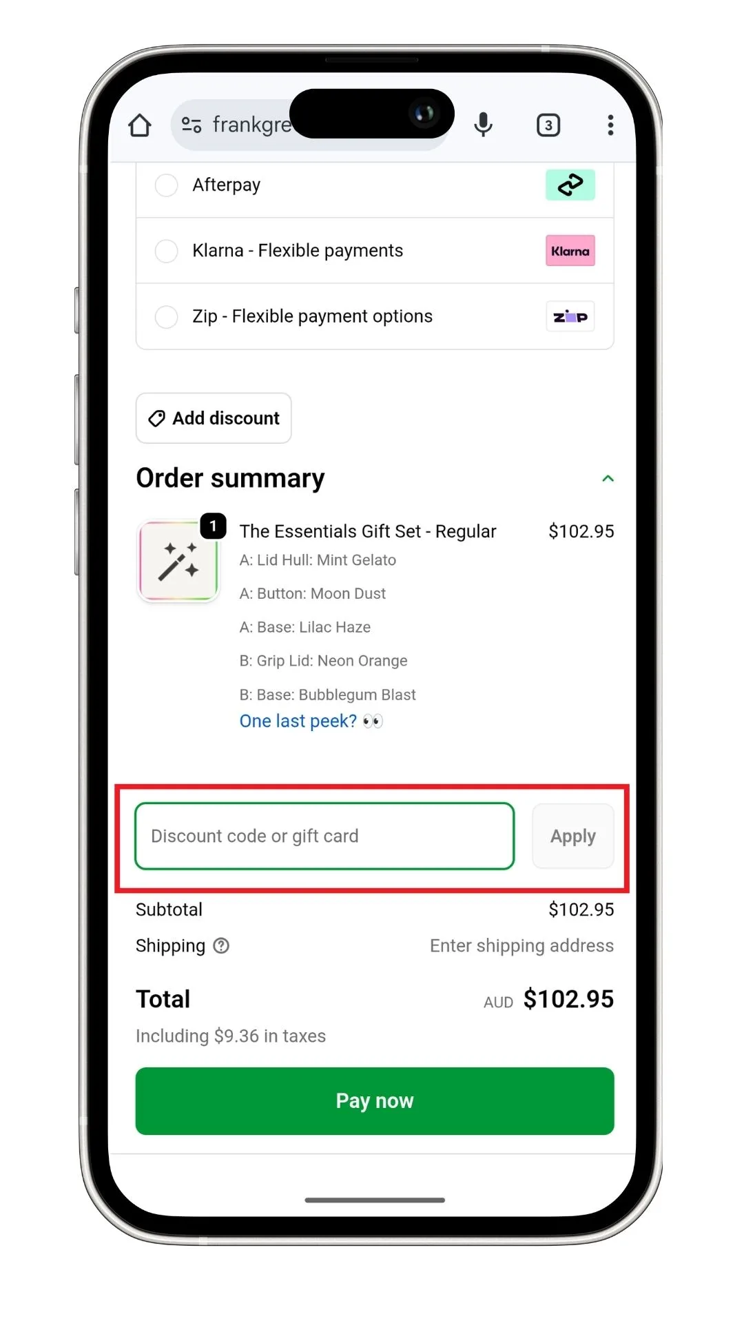 The frank green discount code field at checkout