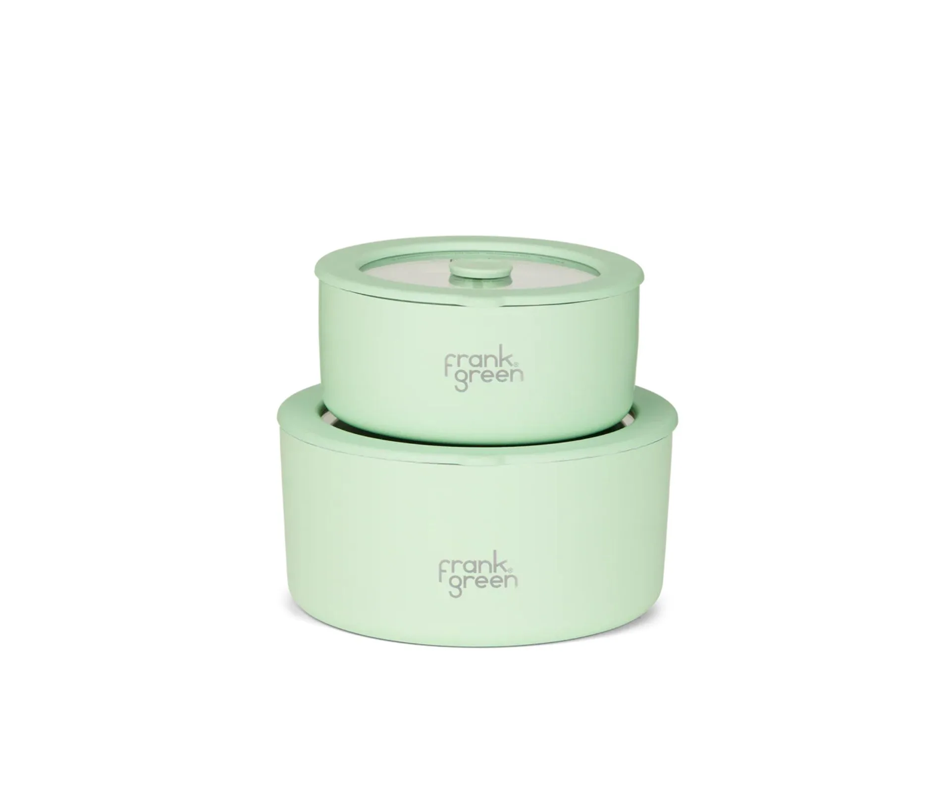 frank green stainless steel bowls with glass lids in mint gelato