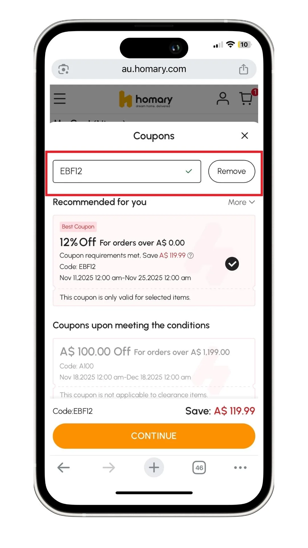 A screenshot of where to edit and add a Homary discount code.