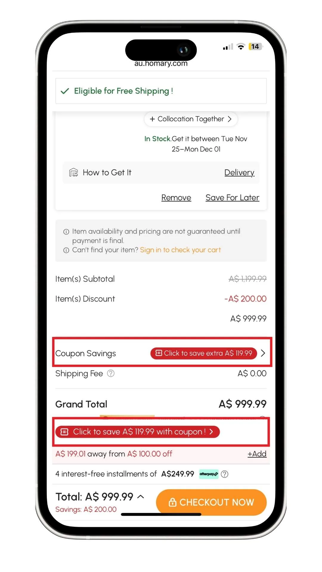 A screenshot of where to apply a Homary discount code on the cart screen.