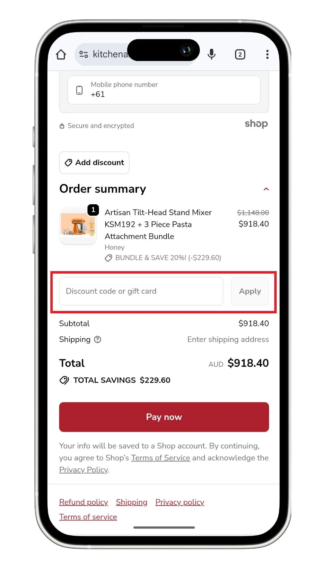 KitchenAid discount code field at checkout.