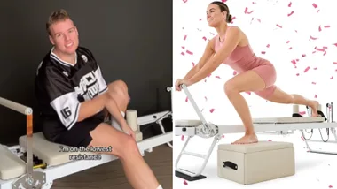 AlrightHey testing out Kmart's $229 reformer pilates machine with a deep etch of the product being used by a model on the right