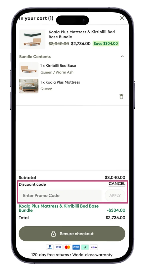 The Koala discount code field in the cart summary. You can enter the code here, or at the checkout.