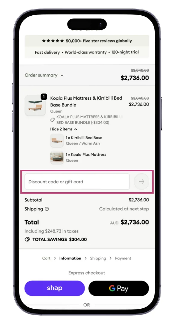 The Koala discount code field at the checkout.