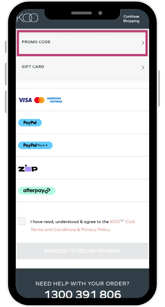 The KOO promo code button at checkout: select it to open the field for a discount code.