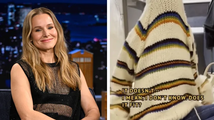 Kristen Bell on The Tonight Show Starring Jimmy Fallon (left) and Kristen Bell trying to put on a jumper she knitted but the neck hole is too small