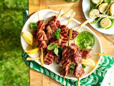 Lamb kebabs with mint jelly and potato salad