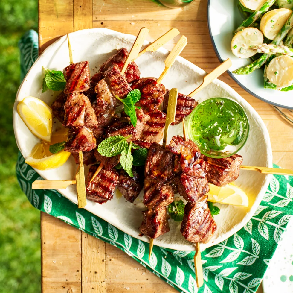 Lamb kebabs with mint jelly and potato salad