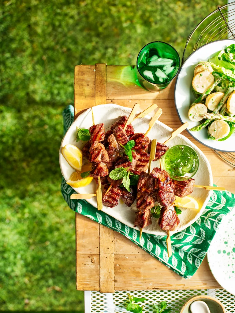Lamb kebabs with mint jelly and potato salad