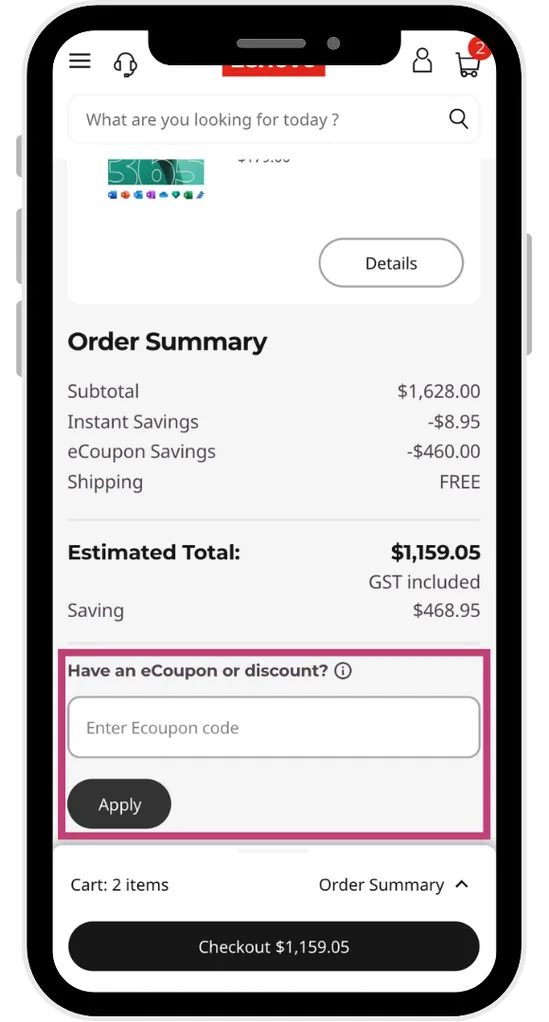 Lenovo promo code field at the checkout