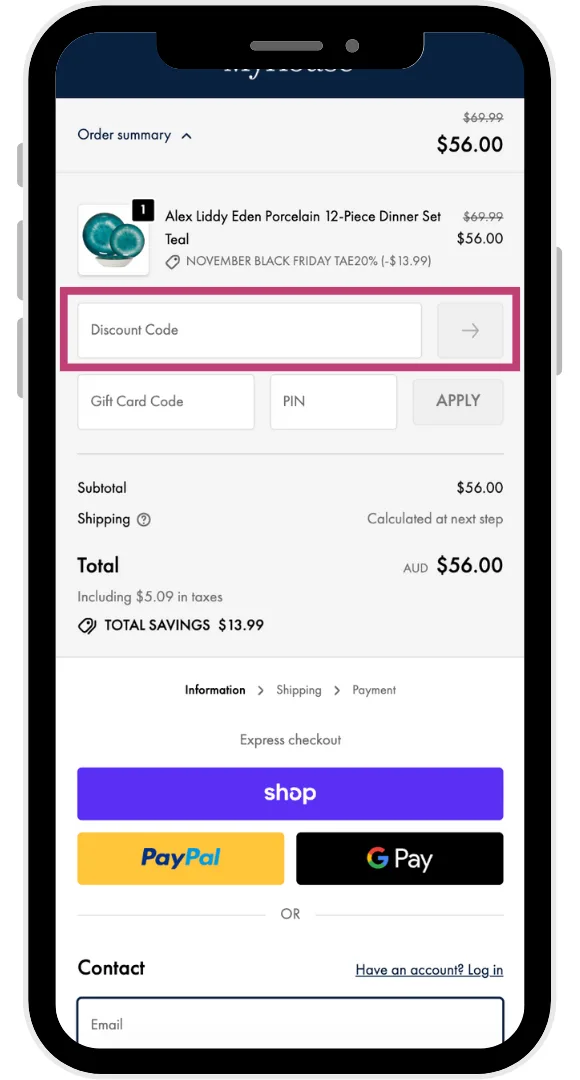 The MyHouse discount code field at the checkout
