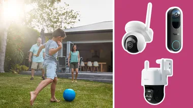Split image: on the left, a child playing soccer in the yard and on the right, three discounted professional security cameras from Reolink's 2025 Black Friday Sale