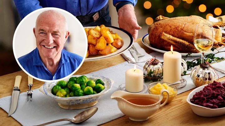 Rick Stein (inset) over an image of Christmas food spread out on a table
