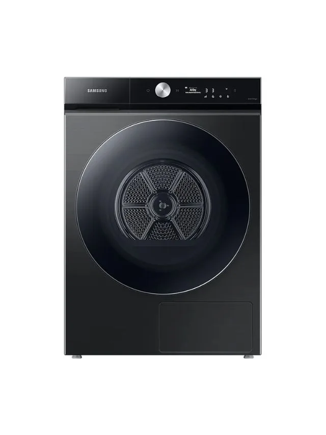 Samsung 10kg Bespoke AI Grande Hybrid Heat Pump Dryer in black with front-loading design.