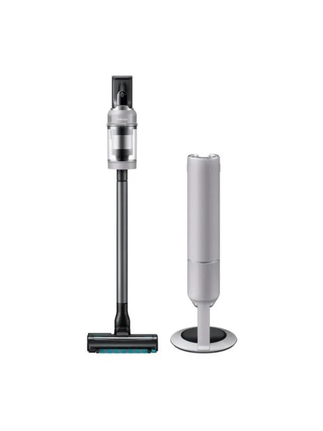 Samsung Bespoke AI Jet Lite Premium Stick Vacuum with charging stand and attachments.
