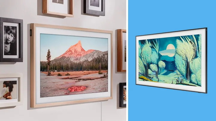 Samsung The Frame TVs displaying digital artwork in different frames, highlighting the TV’s art-like design and customisable bezels.