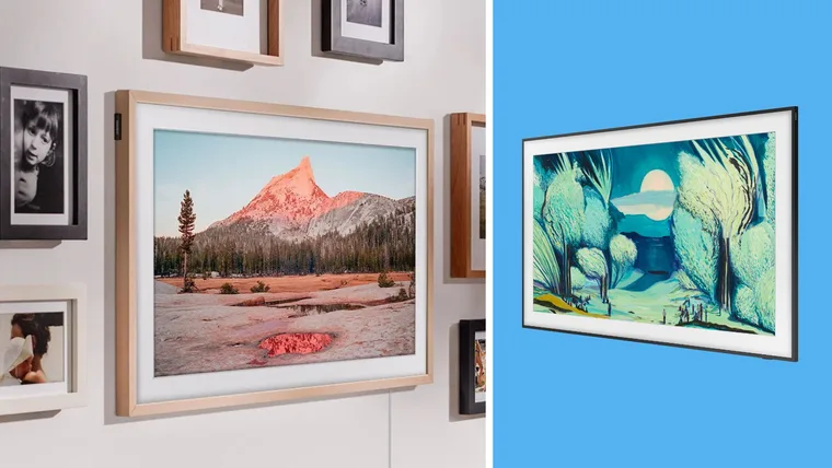 Samsung The Frame TVs displaying digital artwork in different frames, highlighting the TV’s art-like design and customisable bezels.