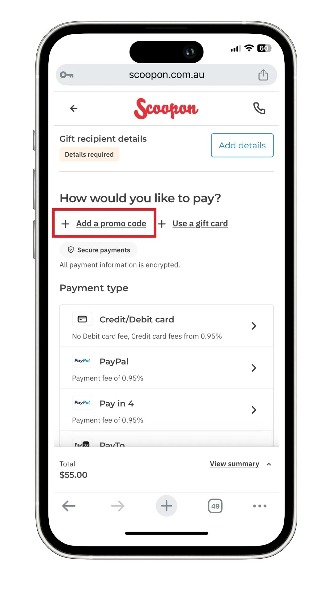 A screenshot of the location of the Scoopon promo code at field checkout.