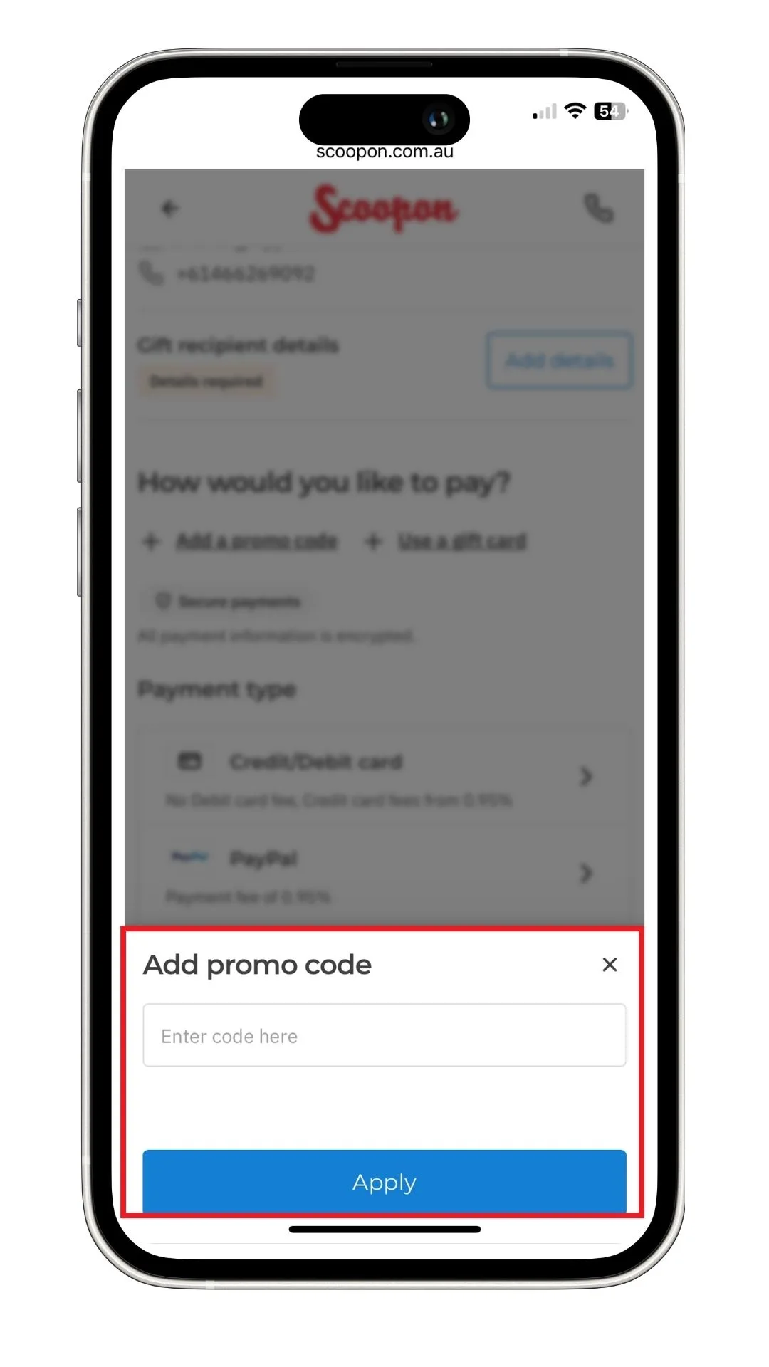 A screenshot of where to add a Scoopon promo code at checkout.