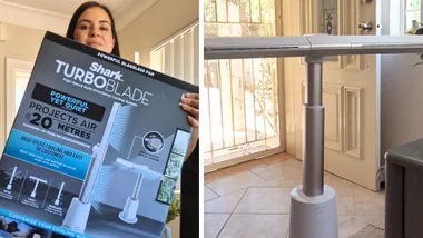Better Homes and Gardens editor Tahni Mesann holding a boxed Shark TurboBlade fan. On the right, is an image of the Shark Turboblade fan set up and in the horizontal position.