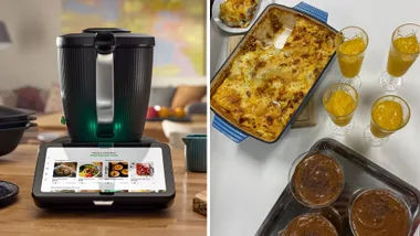 thermomix tm7 on left displaying recipes and lasagne, mousse and cocktail on right